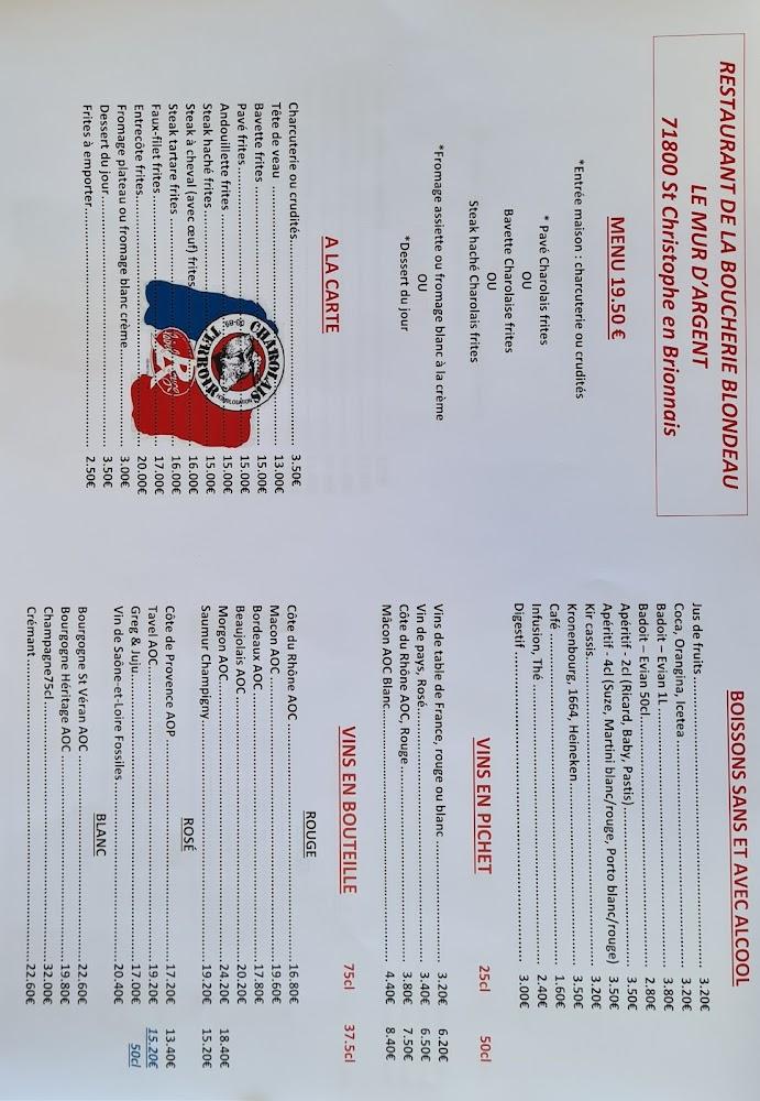 "LE MUR D'ARGENT" restaurant de la boucherie charcuterie blondeau - Menu Image 1